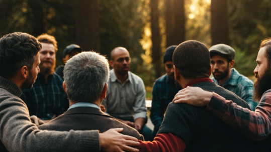 A group of Men gathered in a circle, connecting and supporting each other