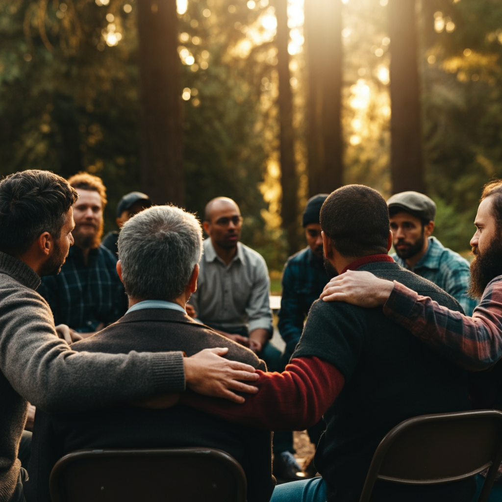 A group of Men gathered in a circle, connecting and supporting each other