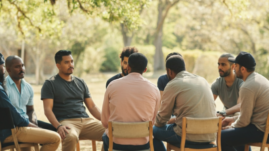 a diverse group of men gather to support each other