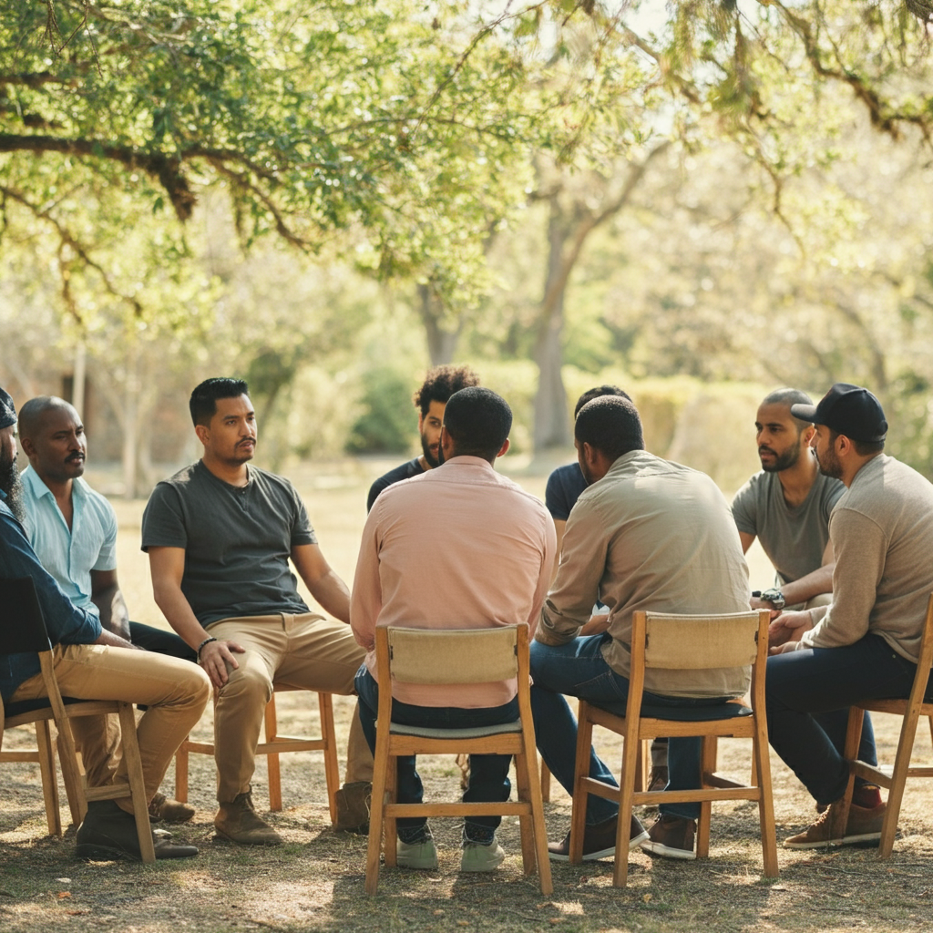 a diverse group of men gather to support each other