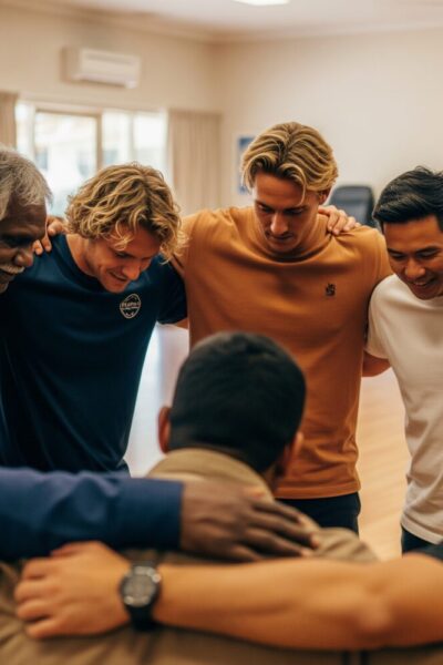 A diverse group of men huddle in a circle hugging